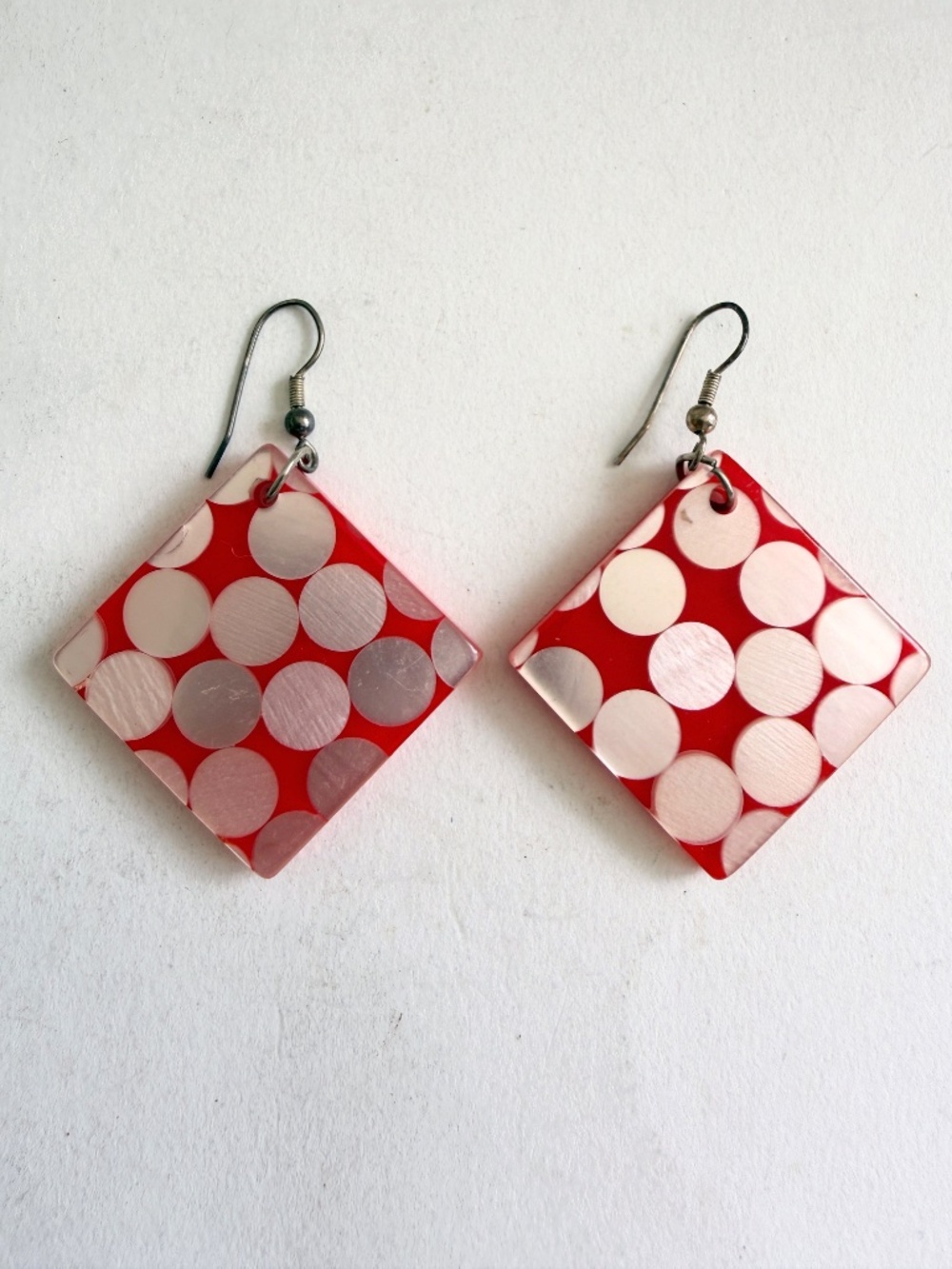 Vintage 80s  acrylic dangle earrings polka dot red white post-modern pop art